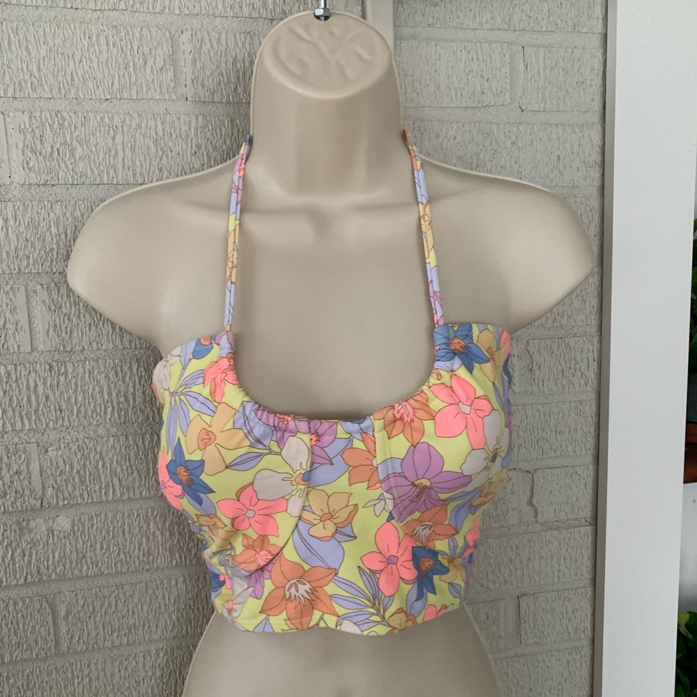 Ninety-Nine° Junior's XL Yellow Floral Print High-Neck Crop Swim Top Halter NWT - Picture 1 of 8